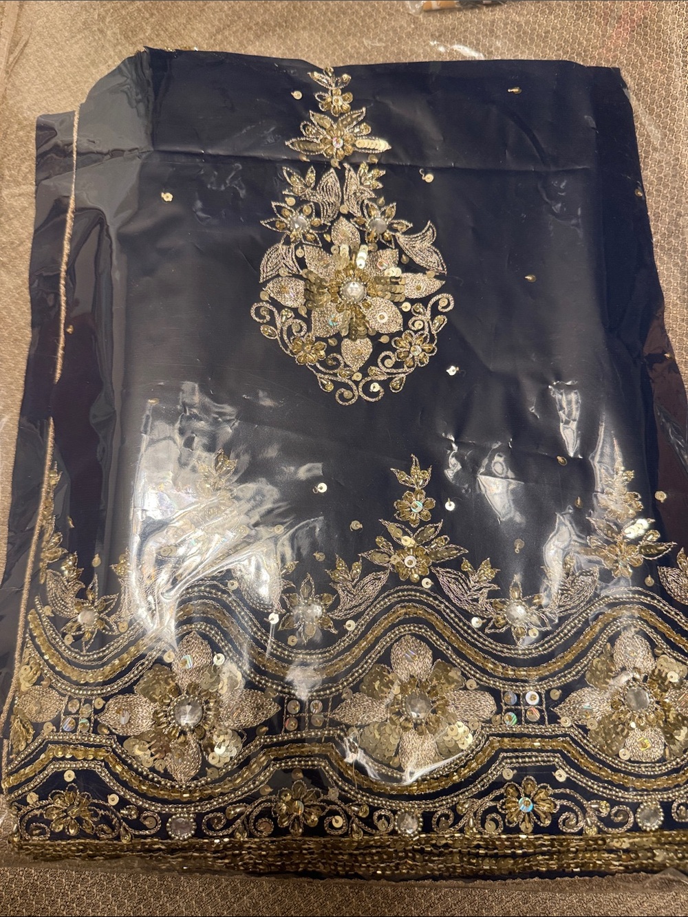 Embroidered Navy Blue Women's Dress with Gold Floral Accents